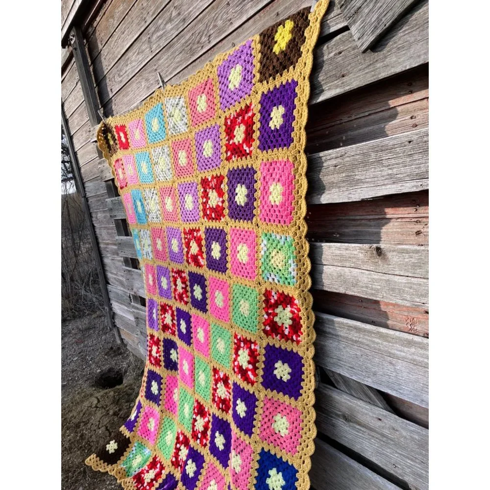 Vintage Colorful Granny Square Crochet Afghan 75x56" - Picture 13 of 16